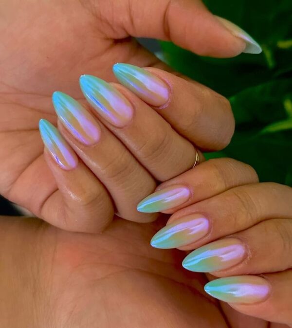 Almond-shaped pastel chrome nails with a blend of pink, blue, and green