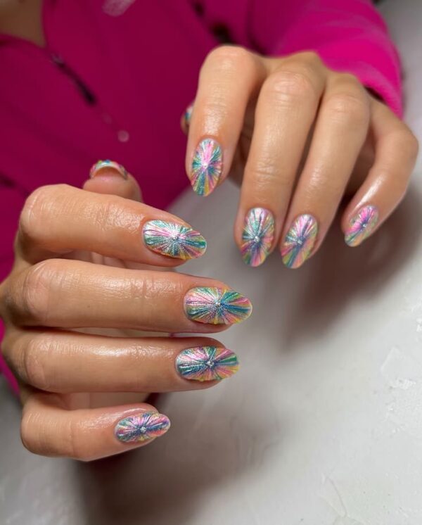Shimmering holographic rainbow nail design featuring vibrant, multi-directional starburst patterns on a glossy base.