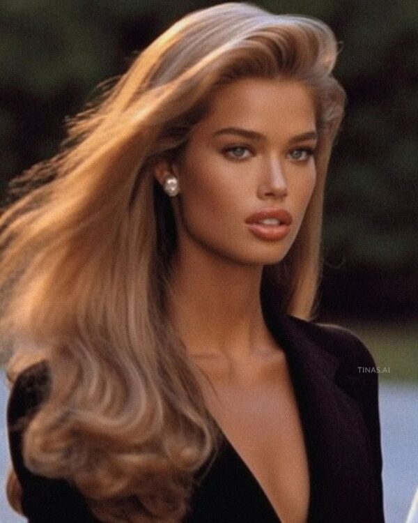 Long voluminous wavy hair with deep side part and retro glam styling