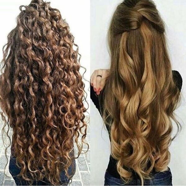 Long curly hair transformed into soft waves in a before-and-after style comparison