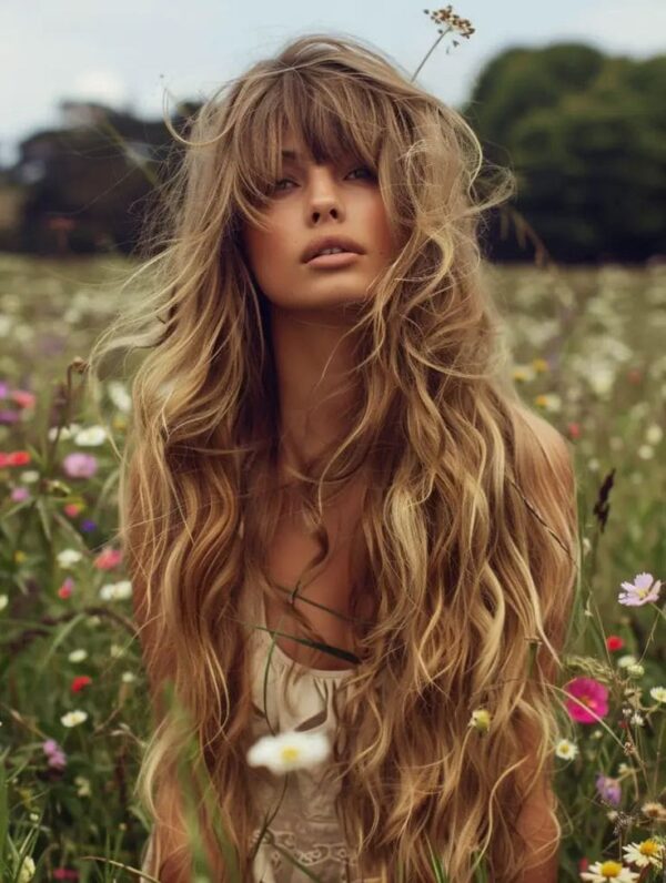 Woman sitting in a wildflower field with long, loose, tousled waves and full curtain bangs framing her face.