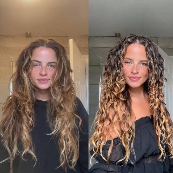 Side-by-side before and after of long wavy hair transformed into defined curls