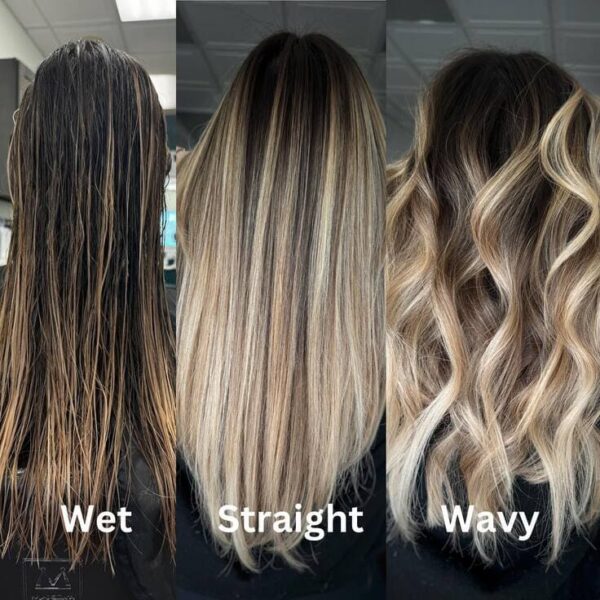 Hair transformation showing wet, straight, and wavy blonde balayage results