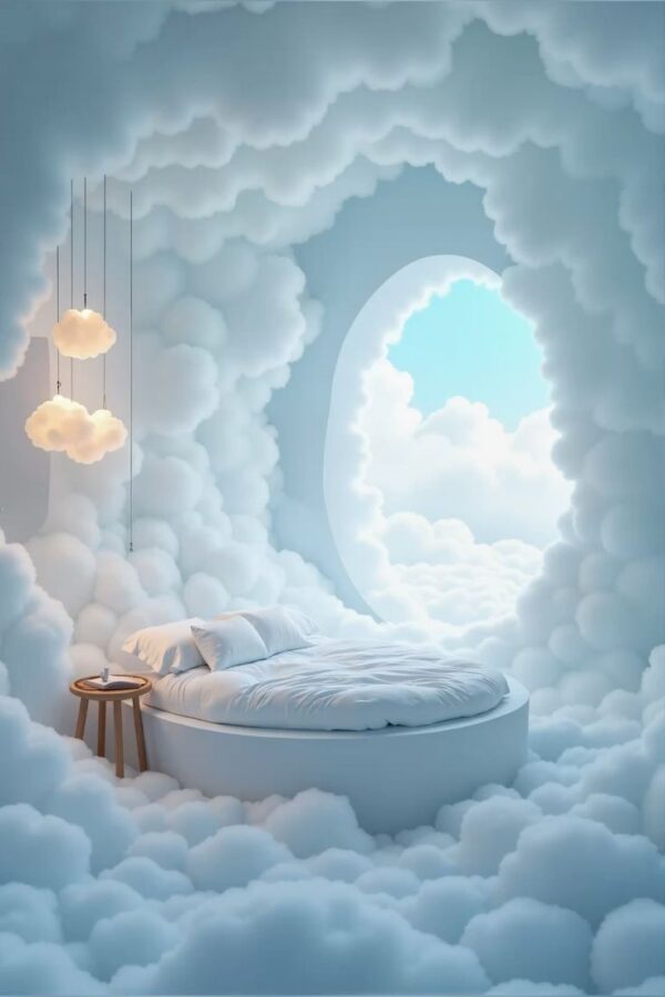 Ethereal cloud bedroom with a round bed and soft blue sky window.
