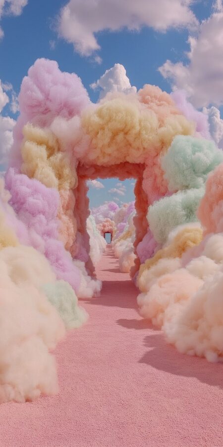 Pastel cloud arches forming a dreamy walkway under a blue sky.